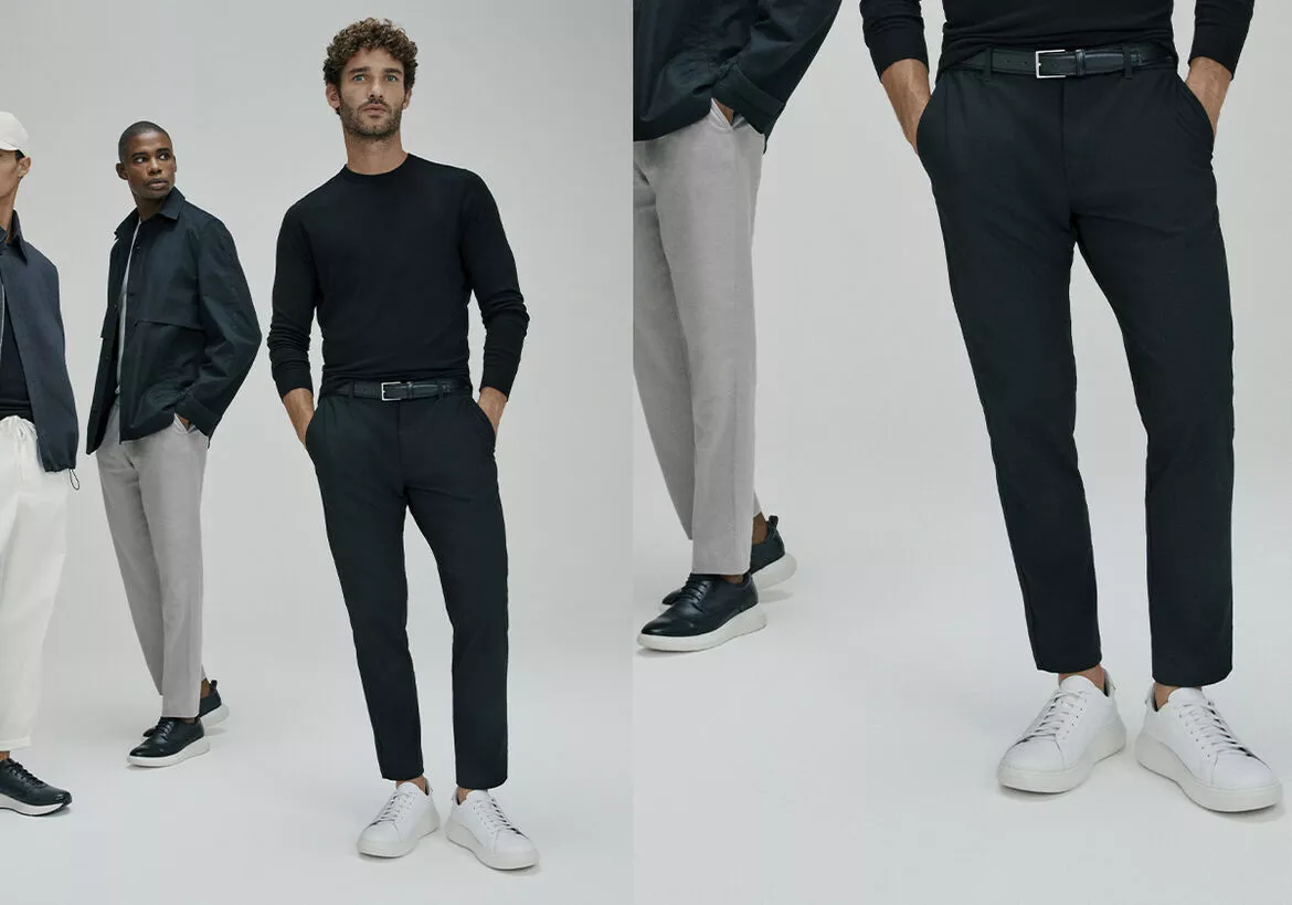 Homens usando roupas modernas e elegantes com tênis Democrata