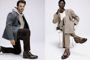 Dois homens usando sapatos elegantes em poses distintas.