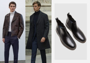 Homens elegantes com looks modernos e botas pretas.