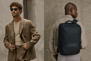 Homens com roupas elegantes e mochila moderna