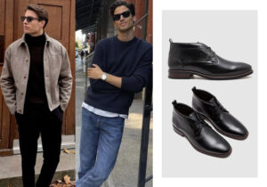Modelos masculinos usando roupas modernas e elegantes com botas pretas