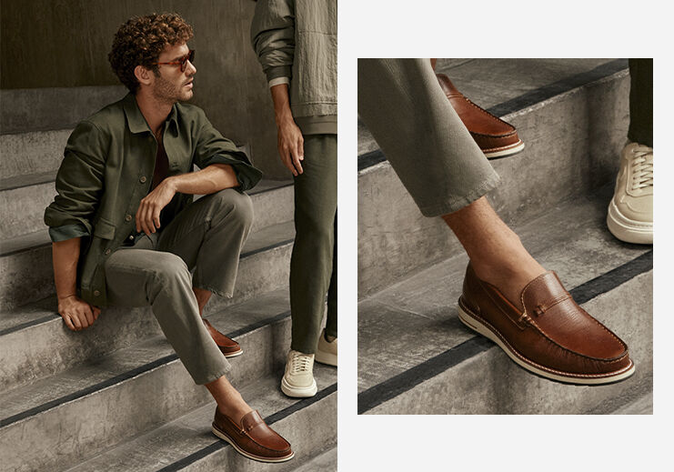 Homem usando sapatos marrons em escadas de concreto