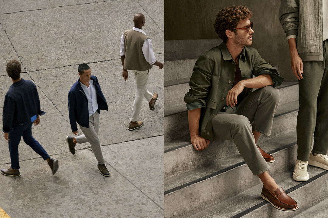 Pessoas caminhando e sentado usando sapatos estilosos.