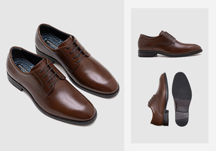 Sapatos sociais masculinos marrons em diferentes ângulos