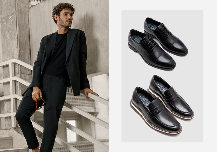 Modelo masculino com roupas e sapatos modernos.