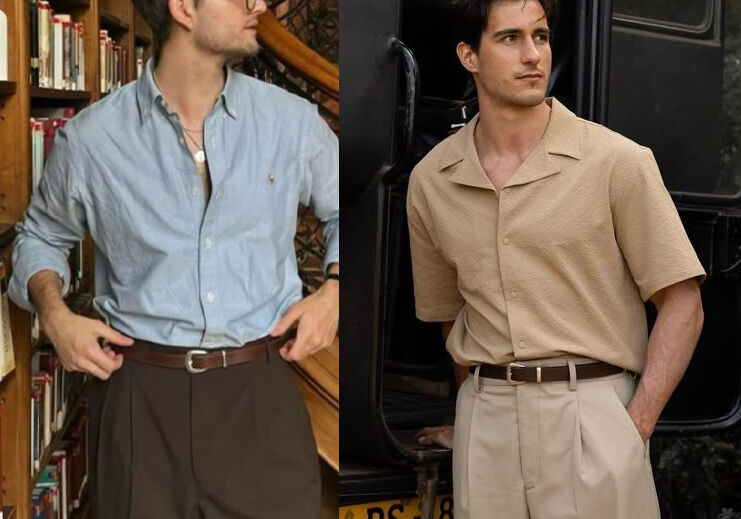 Dois homens com camisas elegantes e calças modernas