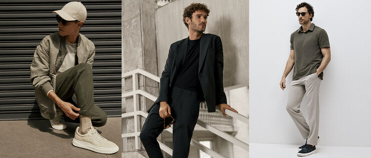 Três estilos de roupas masculinas em tons neutros.