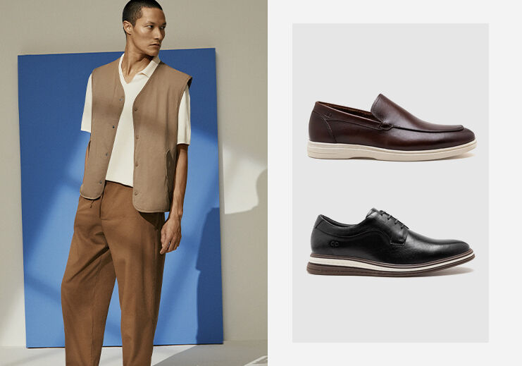 Modelo masculino vestindo roupas modernas e sapatos elegantes.