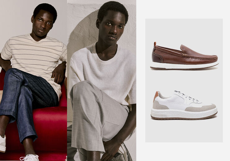 Modelo masculino com roupas e sapatos modernos.