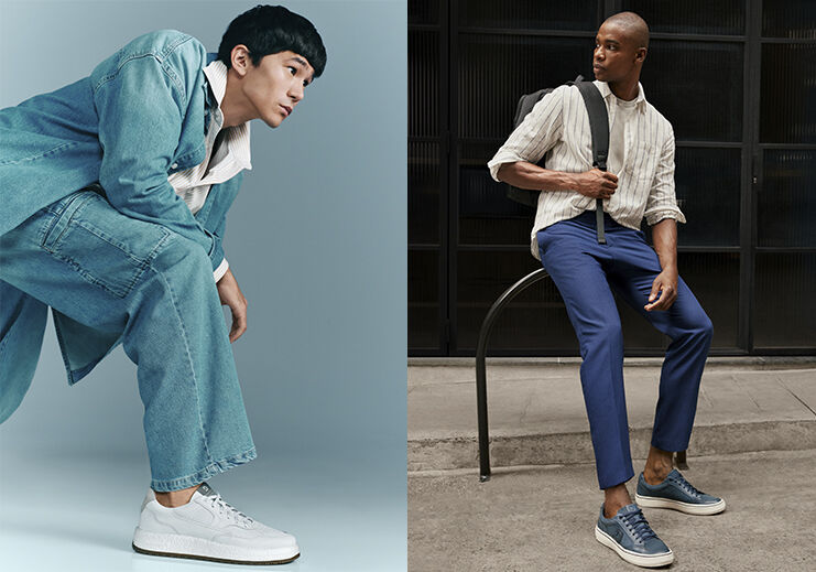 Modelos masculinos com roupas modernas e tênis estilosos.