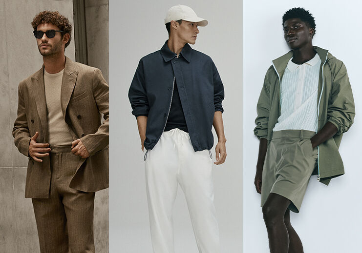 Tendências de moda masculina com diferentes estilos.