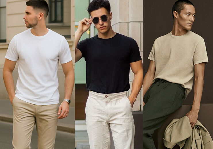 Três homens com camisetas em estilos diferentes.
