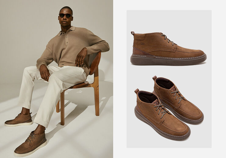 Homem sentado usando sapatos marrons estilosos