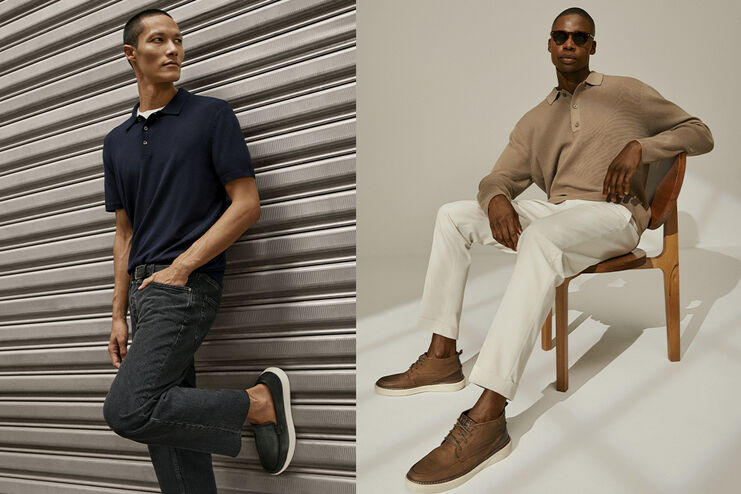 Homens usando moda casual e calçados estilosos.